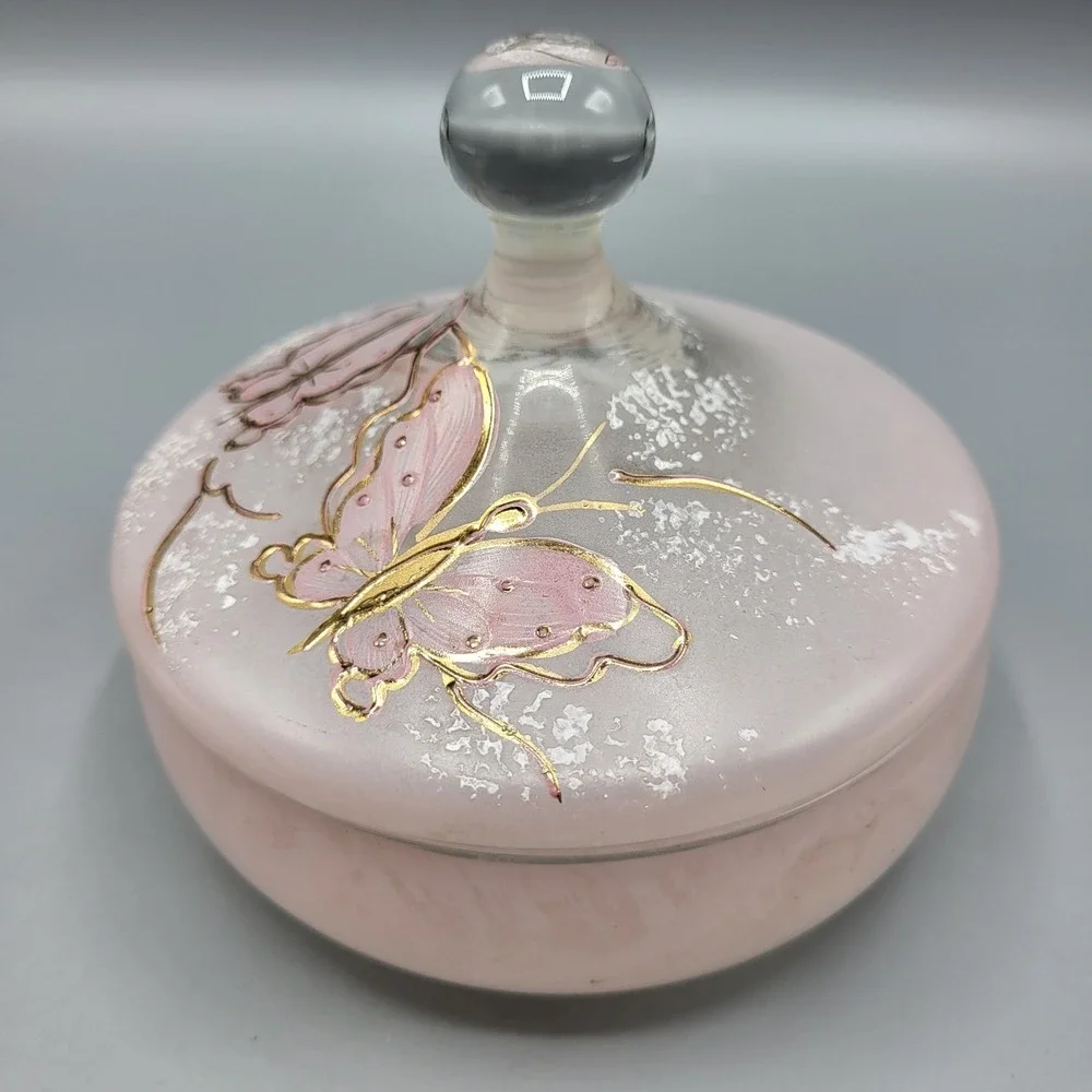 Butterfly Trinket Dish Vanity Jar Frosted Pink Glass Gold Accents Hand Painted